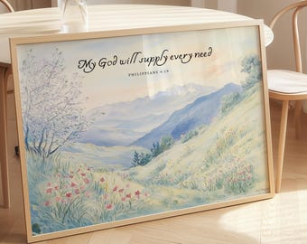 Philippians 4:19 Print, Vintage Mountain Meadow, Floral Scripture (Digital Download)