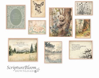 Vintage Woodland Nursery Art Set: Christian Scripture Forest Prints Gallery