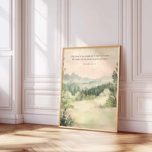 Psalm 23 Scripture Art Print: The Lord Is My Shepherd Christian Nature Landscape Poster