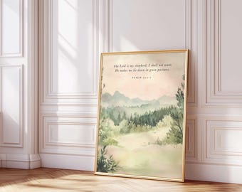 Psalm 23 Scripture Art Print: The Lord Is My Shepherd Christian Nature Landscape Poster