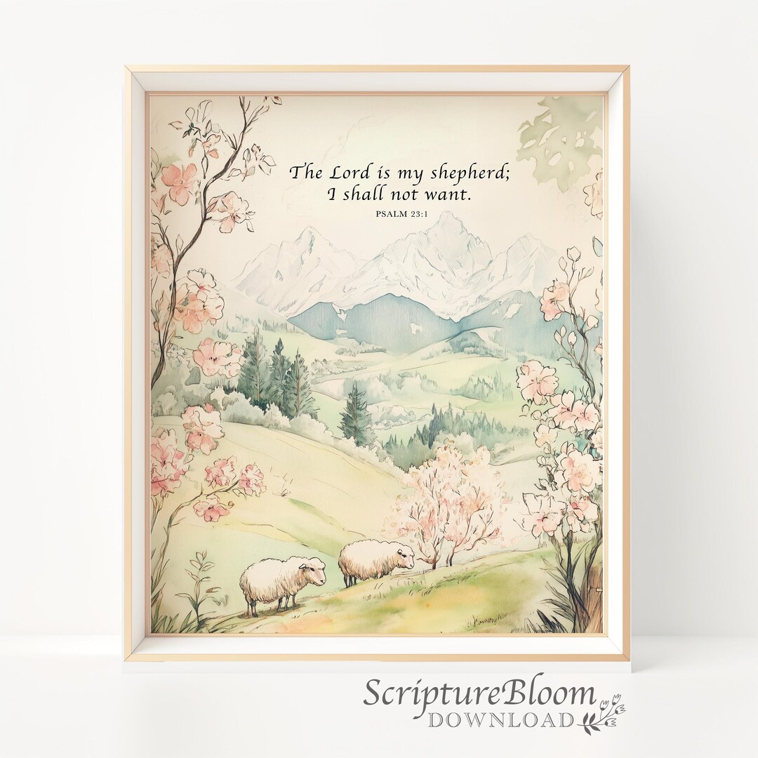 Psalm 23 Nursery Print: Lamb and Mountain Christian Wall Art, Pastoral ...