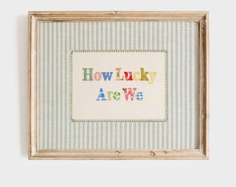 Quanto siamo fortunati! Stampa digitale: Quadro vintage a righe verdi per la cameretta dei bambini, Poster colorato a patchwork orizzontale per la stanza dei bambini