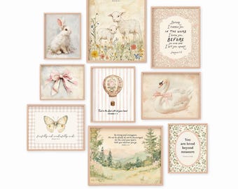 Christian Nursery Wall Art Gallery: Bible Verse Printables Lambs, Bunny, Swan & Florals (9-Piece Scripture)