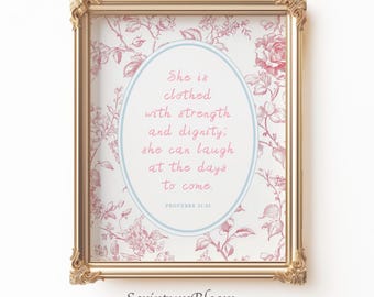 Proverbi 31:25 - Arte murale "Forza e dignità", stampe estetiche cristiane, stampe bibliche, poster con versetti biblici, testi biblici di tendenza stampabili