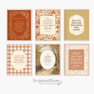 May include: Six framed art prints with fall-themed designs. The prints feature inspirational quotes and Bible verses in various fonts and layouts, with autumnal color schemes and decorative borders.