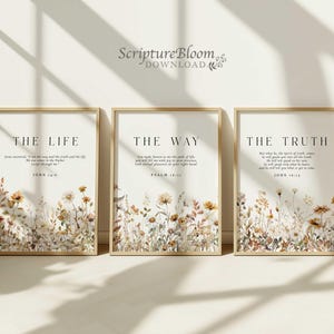 Christian Wall Art Triptych, The Life Way Truth Bible Verse Set, Wildflowers Scripture Floral Art Print, Neutral Pastel Meadow Posters