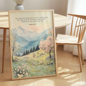 Psalm 42:8 Christian Wall Art, The Lord Will Send His Love Scripture Print, Christian Mountain Landscape Decor, Faith Bible Verse Art