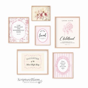 Bible Verse Gallery Nursery Wall Art Set of 6, Christian Girl Pink Prints, Scripture Baby Room Art print, Vintage Kids room Printable