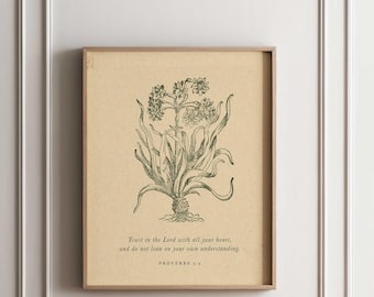 Proverbs 3:5 Bible Verse Art, Trust in the Lord, Vintage Botanical Sketch Christian Printable Wall Art,  Scripture artwork Download