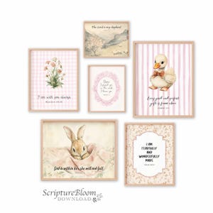 Christian Gallery Nursery Vintage Wall Art Set of 6, Beige Pink Bible Verse Prints, Cottagecore Scripture Baby Room, Scripture Painting