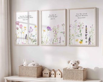 Wildflowers Christian Girl Nursery Wall Art: Psalm 139, John 1 12, Romans 8