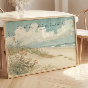 John 14:6 Beach Wall Art – “I Am the Way, the Truth, and the Life” Scripture Print with Coastal Ocean Landscape, Beach House Scripture