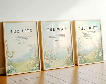 John 14:6 Wall Art - The Life, The Way, The Truth Christian Scripture Prints, Vintage Botanical Set of 3