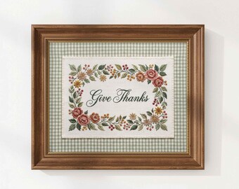 Sztuka ścienna „Give Thanks”: wystrój botaniczny w stylu wiejskim, nadruk na tkaninie w jesienną kratkę Gingham
