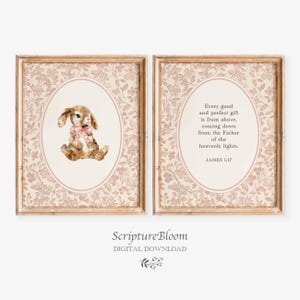 May include: A set of two printable nursery art prints featuring a watercolor illustration of a brown bunny with a pink bow and a scripture quote from James 1:17. The prints have a floral background with a light brown frame.