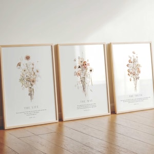 Christian Wall Art Set, The Way The Truth The Life, Wildflowers Bible Verse Scripture Art, Neutral Floral Religious Print, Faith Based Decor