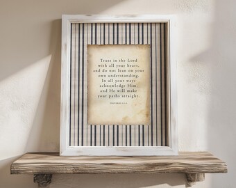 Chrześcijańska sztuka ścienna z Księgi Przysłów 3:5-6: wydruk wersetu biblijnego (plakat w niebieskie paski)