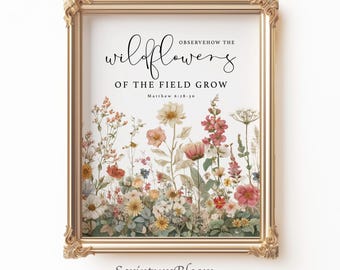 Matthew 6:28-30 Wildflowers Scripture Art, Christian Floral Wall Decor, Bible Verse Botanical Print, Vintage Painting Large, Printable Art