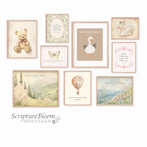 Nursery Christian Wall Art, Vintage Gallery Nursery Prints Set of 9, Whimsical Girl Room Scripture, Bible Verse  Prints, Digital Download