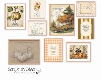 Thanksgiving Scripture Art Prints: Autumn Christian Paintings, Vintage Bible Verse Set  (Harvest Wall Decor)