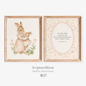 Bible Verse Nursery Wall Art, 1 Samuel 1:27 Scripture Print, Bunny Mom and Baby Poster, Christian Baby Room Decor, Floral Pastel Set of 2