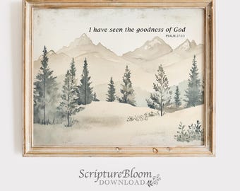 Decorazione murale "La bontà di Dio", stampa del versetto biblico del Salmo 27:13, decorazione cristiana con tema "Natura neutra", paesaggio montano con le Scritture, citazione di fede rustica