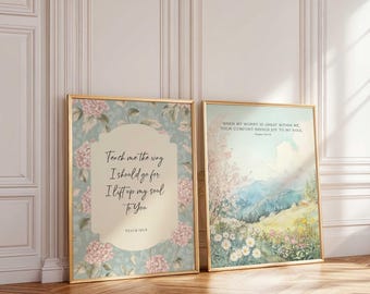 Psalm 143:8 & 94 19 Scripture Wall Art Set, Hydrangeas and Mountain Landscape Scripture Prints, Aesthetic Christian watercolor, nursery