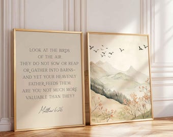 Matthew 6:26 Bible Verse Wall Art, Vintage Look at the Birds Scripture Print, Christian Mountain Landscape Decor, Fall Faith Poster Set