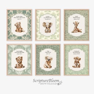 Bible Verse Safari Nursery Wall Art Set of 6, Christian Nursery Jungle Animals Prints, Bible Verse Baby Room Decor, Neutral Baptism Gift