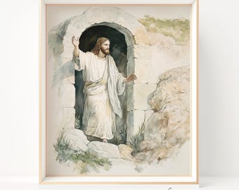 Jesus Resurrection Art Print, He Is Risen Easter Wall Art, Empty Tomb Poster, Watercolor Illustration, Bible Story Christian Wall art