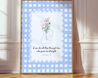 Preppy Bible Verse Girl Nursery Art - Philippians 4:13 Blue Scripture Print ( Bedroom Decor)