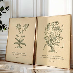 Christliche Vintage Schriftdrucke - Sei Still Psalm 46:10, Vertrauen auf den Herrn Sprüche 3 5 Wandkunst, druckbare Kräuterskizze Bibelverse