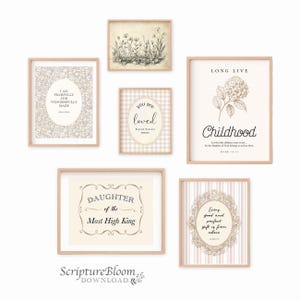 Christian Girl Gallery Nursery Wall Art Set of 6, Vintage Beige Bible Verse Prints, Scripture Baby Room Artworks,  Kids Printable Poster