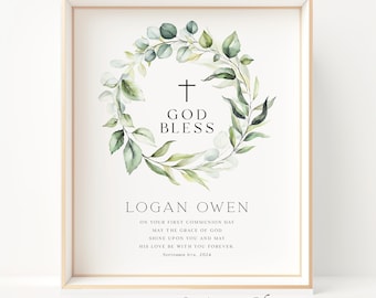 Regalo per la Prima Comunione di un bambino: stampa cristiana con benedizione verde (decorazione ricordo)