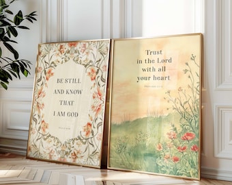 Bible Verse Wall Art Set: Floral Scripture Prints (Psalm 46 10, Proverbs 3 5)