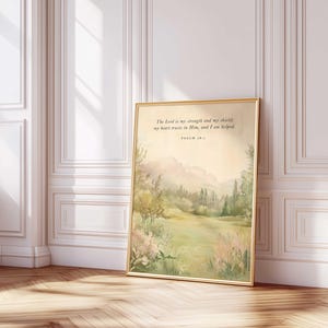 Psalm 28:7 Bible Verse Wall Art Print, The Lord Is My Strength and Shield, Christian Landscape Poster,  Vintage Aesthetic Watercolor Art