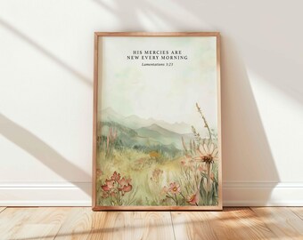 Sus misericordias son nuevas impresiones cristianas: flores silvestres Lamentaciones 3:23 Versículo bíblico Arte Escritura