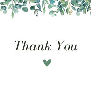 K&ouml;nnte beinhalten: Eine wei&szlig;e Karte mit gr&uuml;nem Laub oben und dem Text "Thank You" in schwarzer Kursivschrift. Ein gr&uuml;nes Herz befindet sich unter dem Text.