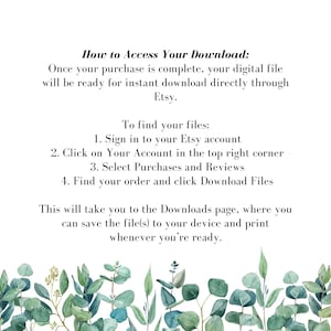 K&ouml;nnte beinhalten: Textuelle Anweisungen zum Zugriff auf einen digitalen Download auf Etsy. Der Text ist wei&szlig; auf wei&szlig;em Hintergrund mit einem gr&uuml;nen Eukalyptusrand.