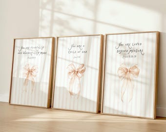 Coquette Nursery Bible Verse Set: Pink Ribbon Christian Wall Art for Girl’s Room
