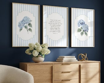 Blue Hydrangea Decor: Proverbs 3 5-6 Set of 3 Wall Art, Bible Verse Prints