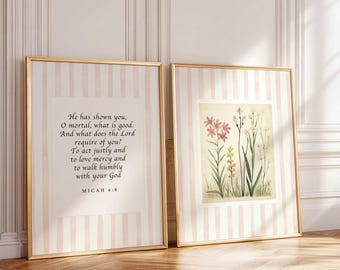 Micheasz 6:8 Werset Biblijny Sztuka Ścienna, Postępuj Sprawiedliwie Kochaj Miłosierdzie Druk, Botaniczny Plakat Chrześcijański, Chodź Pokornie Pismo, Rdzeń Whimsical Cottage