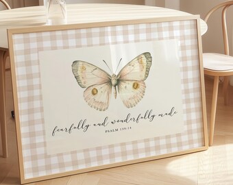 Butterfly Bible Verse Wall Art: Fearfully and Wonderfully Made Scripture Print, Christian Nursery