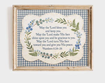 Numbers 6:24-26 Nursery Wall Art - The Lord Bless You Scripture Poster, Blue Gingham Christian Baby Room Print
