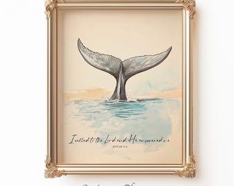 Jonah 2:2 Whale Tail Art, Bible Verse Coastal Wall Print, Christian Nautical Nursery Decor, Scripture Ocean Illustration, Vintage watercolor
