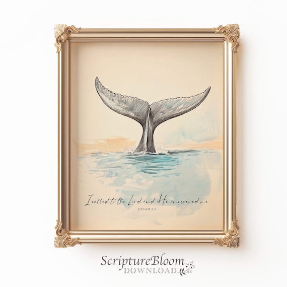 Jonah 2:2 Whale Tail Art, Bible Verse Coastal Wall Print, Christian Nautical Nursery Decor, Scripture Ocean Illustration, Vintage watercolor