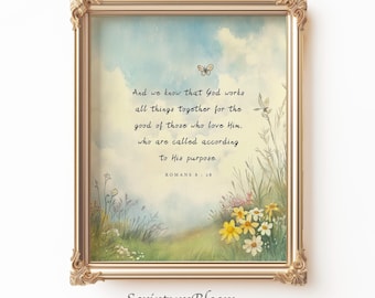 Romans 8:28 Bible Verse Wall Art, God Works All Things Together Print, Scripture Floral Artwork, Christian farmhouse wall hanging