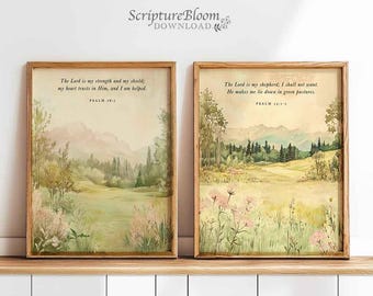 Psalm 23 & 28:7 Scripture Wall Art, Christian Pastoral Landscape Prints, Bible Verse Set, Faith Decor, Vintage Printable Religious Art