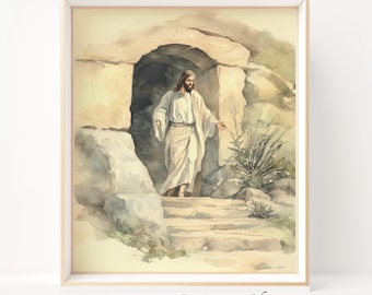 Jesus Resurrection Print, He Is Risen Christian Wall Art, Empty Tomb Easter Decor, Watercolor Bible Scene Poster, Savior Has Risen Gift