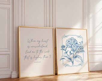 Überwältigtes Herz, Psalm 61: 2 Bibel-Vers-Wand-Kunst-Set, blaue Hortensien-Schrift, ästhetische christliche Trendy, Vintage-Malerei
